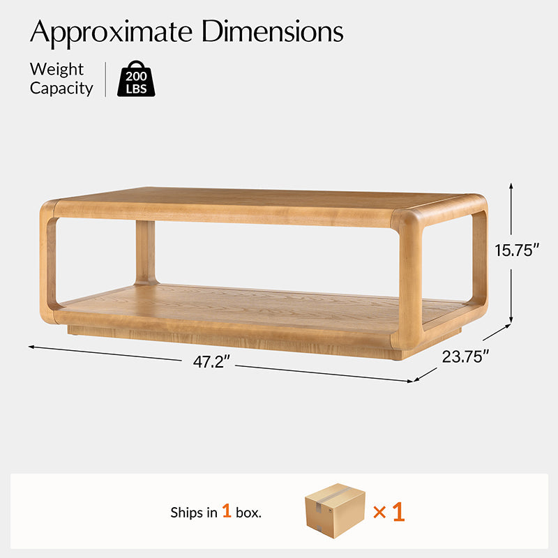Table basse en bois massif avec coins arrondis, rangement ouvert et base à cadre ouvert | Naturel / Chêne / Noir | Simple