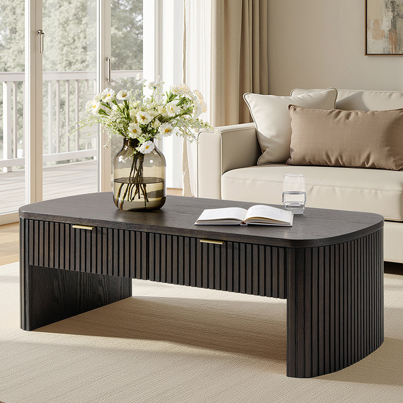 Table basse à cannelures modernes avec tiroir caché, placage de chêne et cadre en bois massif | Naturel / Noyer / Noir | Individuel