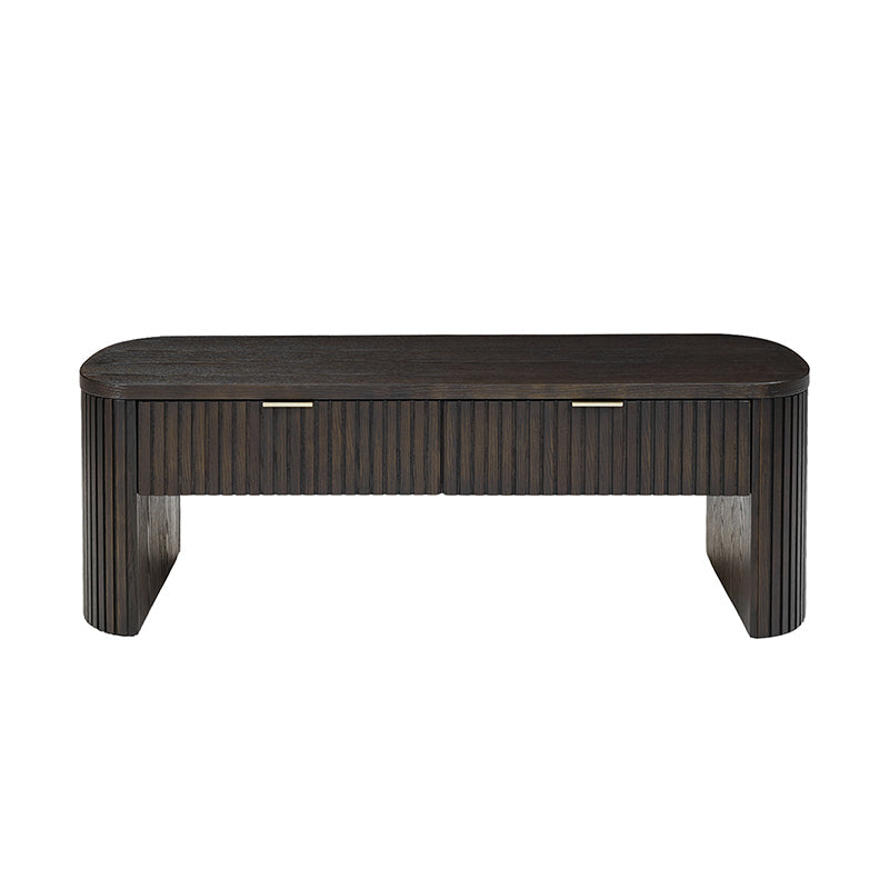 Table basse à cannelures modernes avec tiroir caché, placage de chêne et cadre en bois massif | Naturel / Noyer / Noir | Individuel