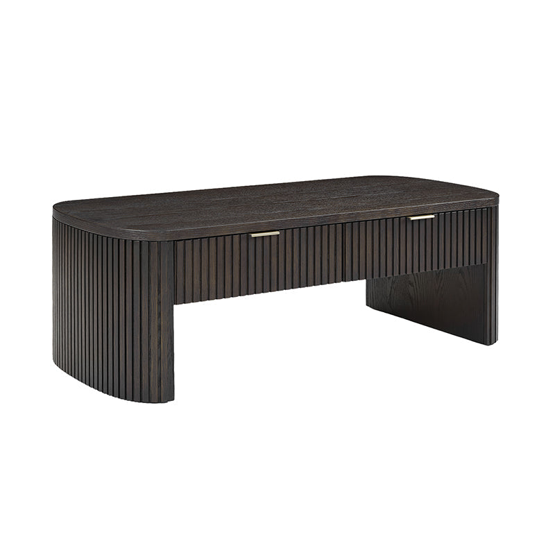 Table basse à cannelures modernes avec tiroir caché, placage de chêne et cadre en bois massif | Naturel / Noyer / Noir | Individuel