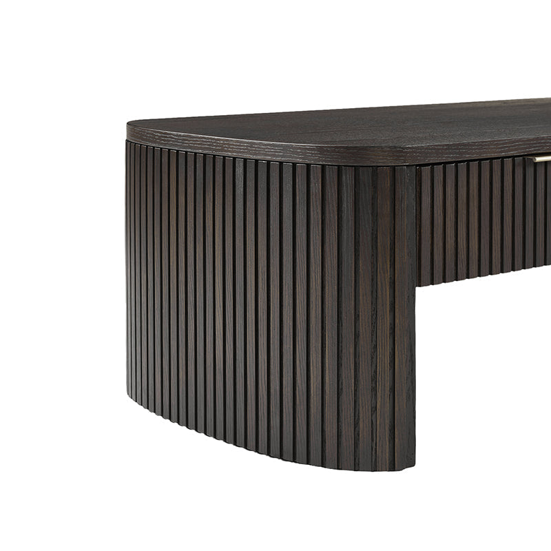 Table basse à cannelures modernes avec tiroir caché, placage de chêne et cadre en bois massif | Naturel / Noyer / Noir | Individuel