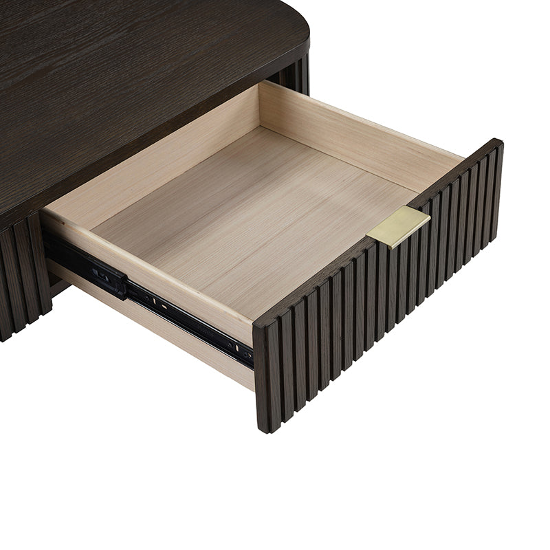 Table basse à cannelures modernes avec tiroir caché, placage de chêne et cadre en bois massif | Naturel / Noyer / Noir | Individuel