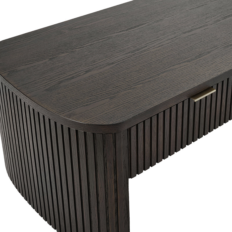 Table basse à cannelures modernes avec tiroir caché, placage de chêne et cadre en bois massif | Naturel / Noyer / Noir | Individuel