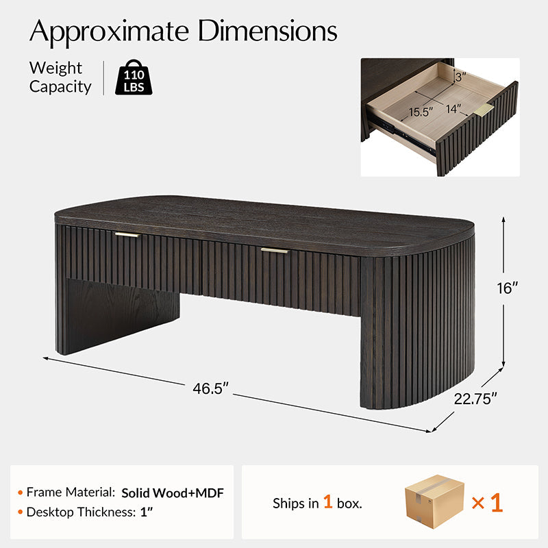 Table basse à cannelures modernes avec tiroir caché, placage de chêne et cadre en bois massif | Naturel / Noyer / Noir | Individuel