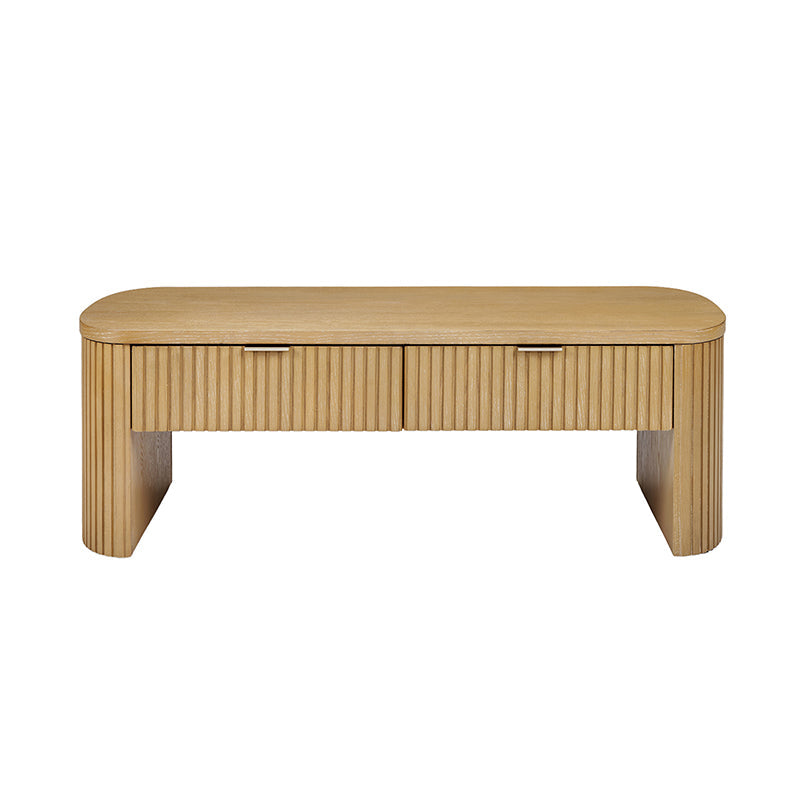 Table basse à cannelures modernes avec tiroir caché, placage de chêne et cadre en bois massif | Naturel / Noyer / Noir | Individuel