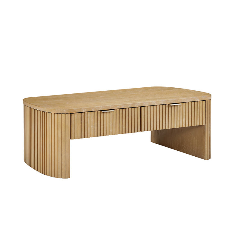 Table basse à cannelures modernes avec tiroir caché, placage de chêne et cadre en bois massif | Naturel / Noyer / Noir | Individuel