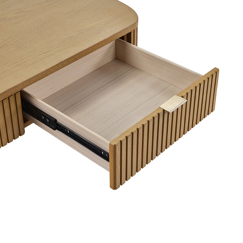 Table basse à cannelures modernes avec tiroir caché, placage de chêne et cadre en bois massif | Naturel / Noyer / Noir | Individuel