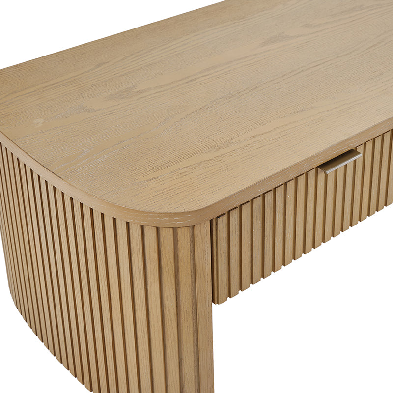 Table basse à cannelures modernes avec tiroir caché, placage de chêne et cadre en bois massif | Naturel / Noyer / Noir | Individuel