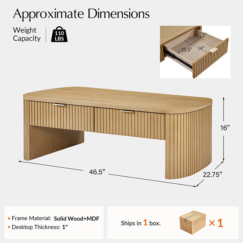 Table basse à cannelures modernes avec tiroir caché, placage de chêne et cadre en bois massif | Naturel / Noyer / Noir | Individuel