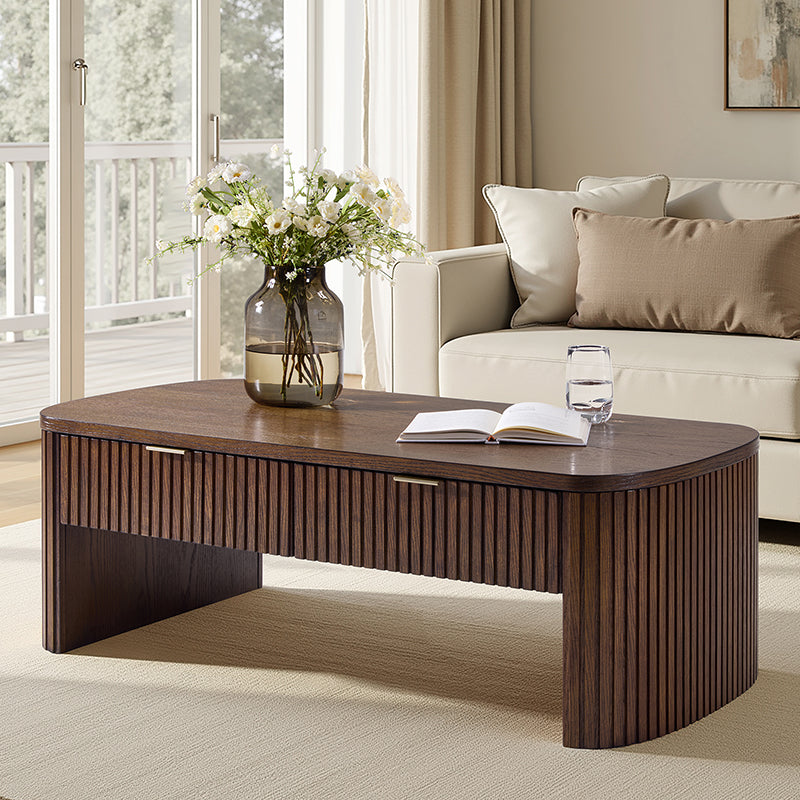 Table basse à cannelures modernes avec tiroir caché, placage de chêne et cadre en bois massif | Naturel / Noyer / Noir | Individuel