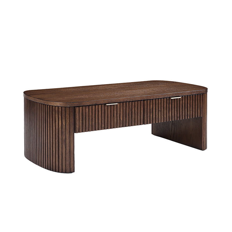 Table basse à cannelures modernes avec tiroir caché, placage de chêne et cadre en bois massif | Naturel / Noyer / Noir | Individuel