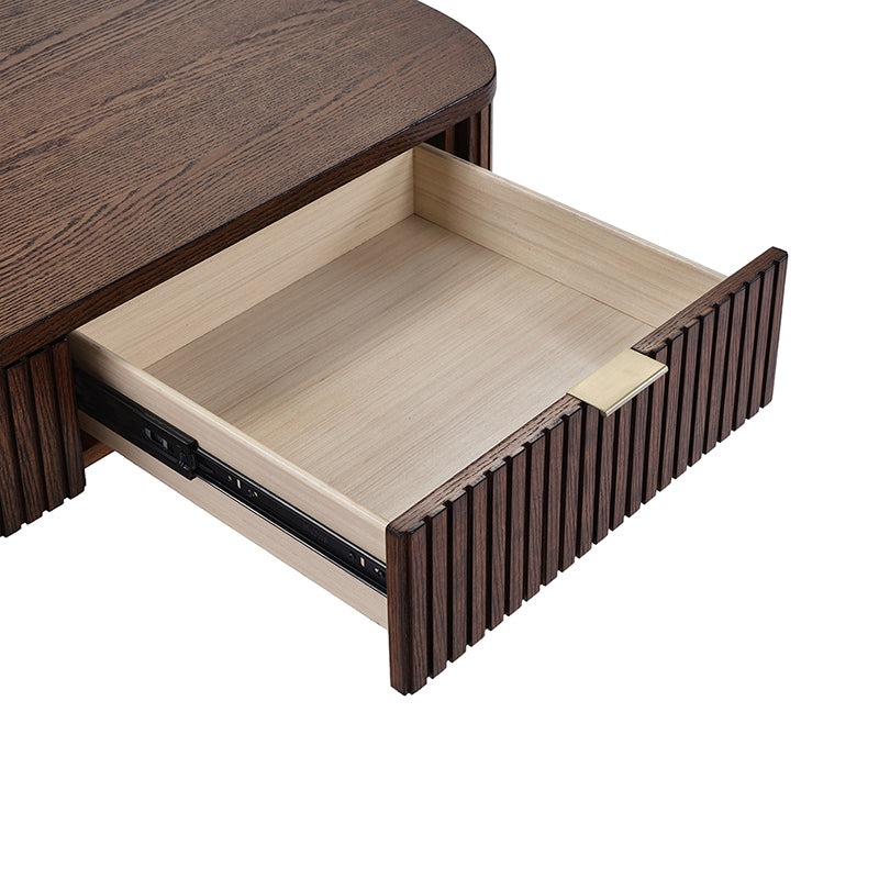 Table basse à cannelures modernes avec tiroir caché, placage de chêne et cadre en bois massif | Naturel / Noyer / Noir | Individuel