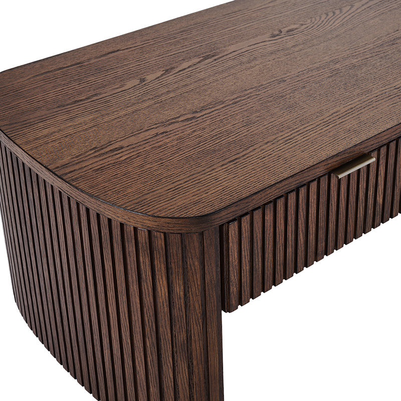 Table basse à cannelures modernes avec tiroir caché, placage de chêne et cadre en bois massif | Naturel / Noyer / Noir | Individuel