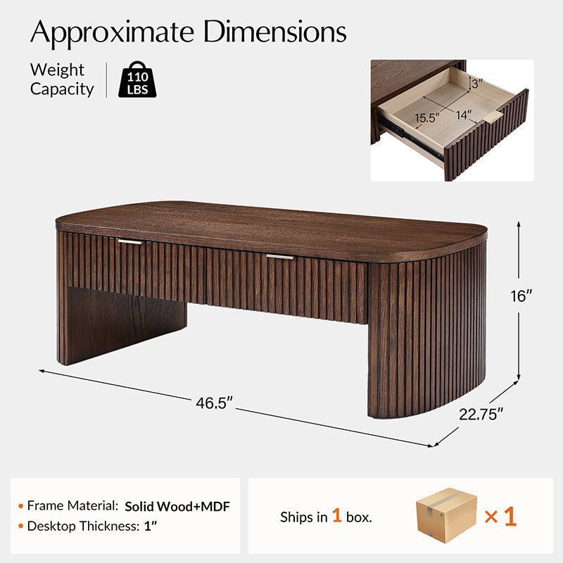 Table basse à cannelures modernes avec tiroir caché, placage de chêne et cadre en bois massif | Naturel / Noyer / Noir | Individuel