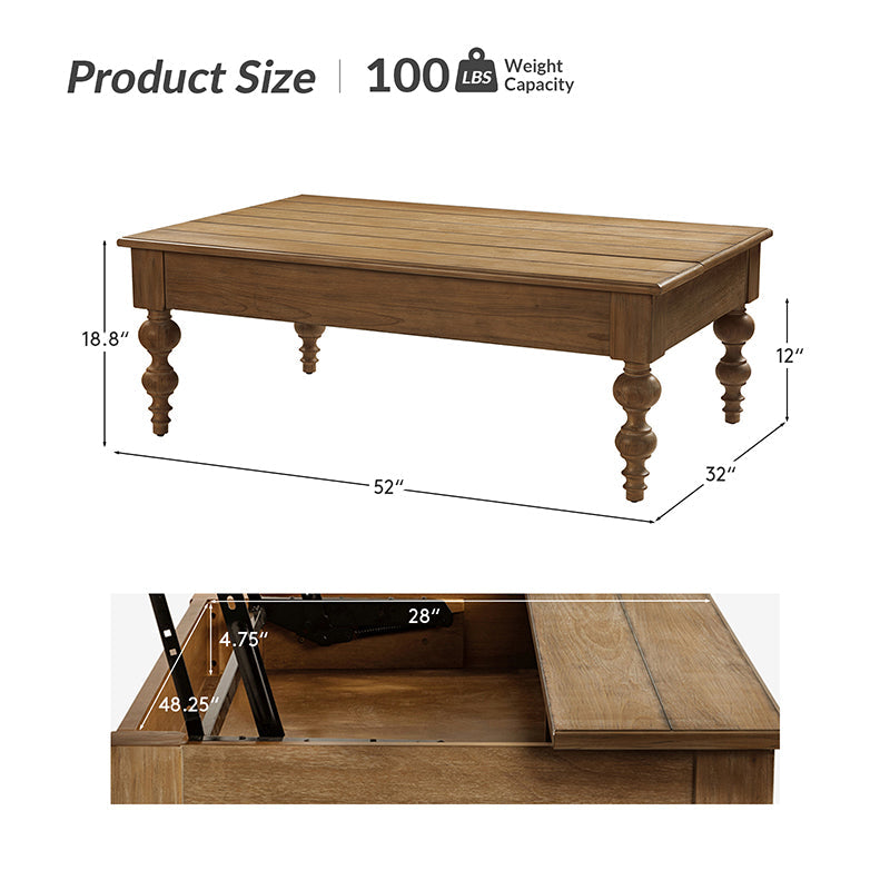 Table basse relevable avec rangement dissimulé, 1 tiroir et pieds fuseau en hévéa massif | Chêne/Naturel | Unique