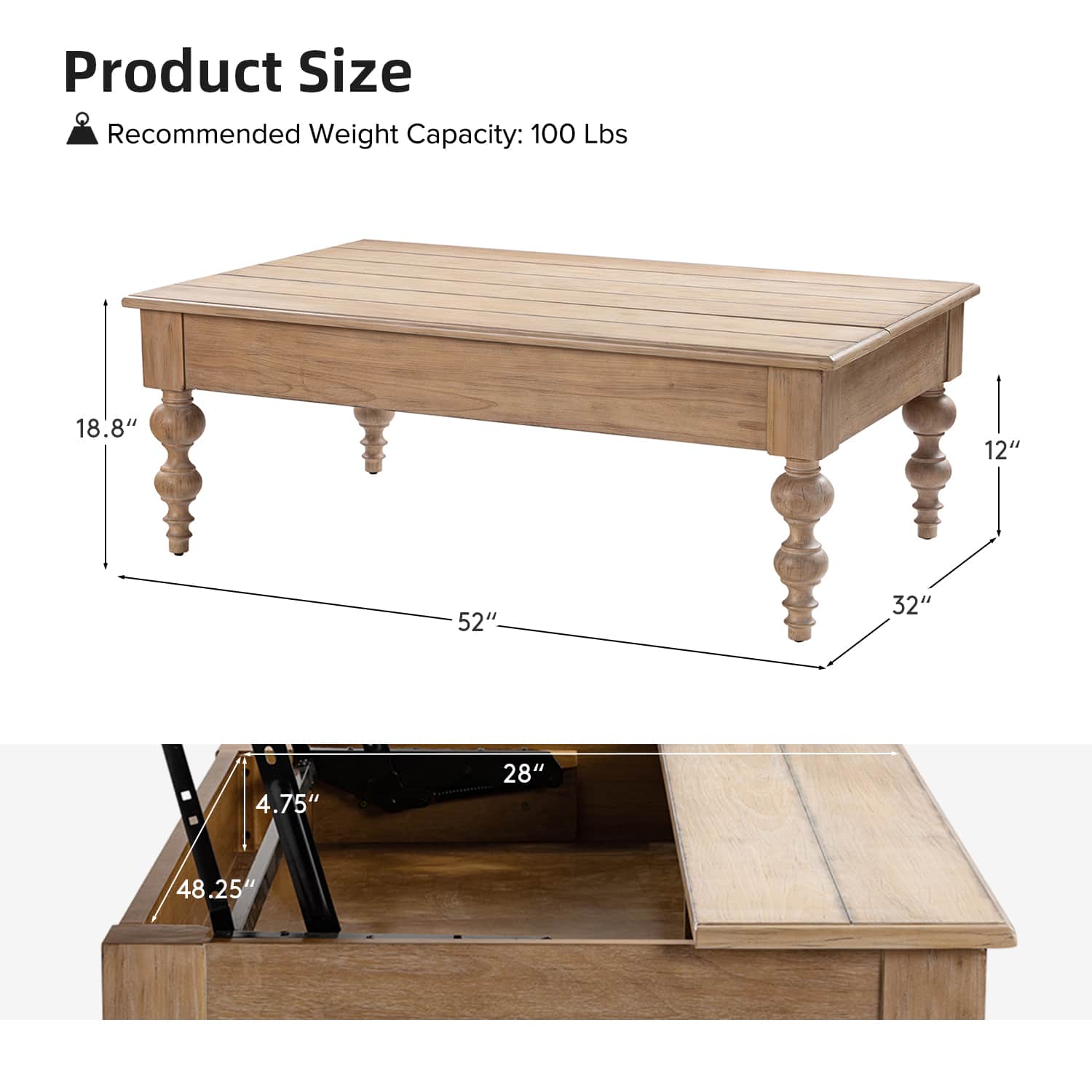 Table basse relevable avec rangement dissimulé, 1 tiroir et pieds fuseau en hévéa massif | Chêne/Naturel | Unique