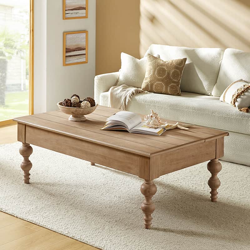 Table basse relevable avec rangement dissimulé, 1 tiroir et pieds fuseau en hévéa massif | Chêne/Naturel | Unique