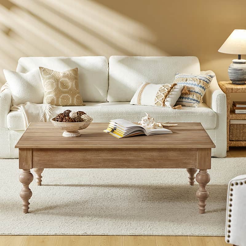 Table basse relevable avec rangement dissimulé, 1 tiroir et pieds fuseau en hévéa massif | Chêne/Naturel | Unique