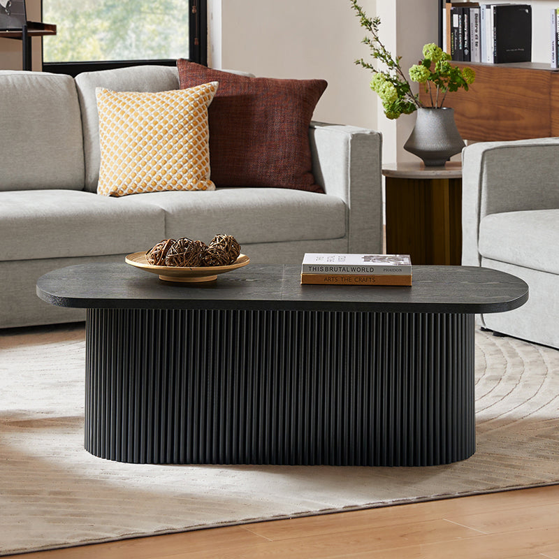 Table basse ovale avec plateau relevable, rangement caché et détails en bois à lattes | Noyer / Noir | Unique