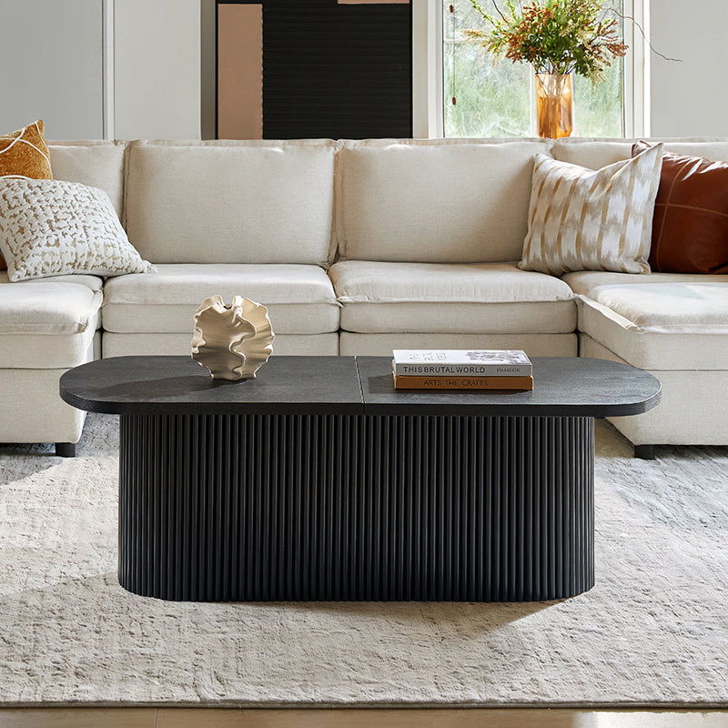 Table basse ovale avec plateau relevable, rangement caché et détails en bois à lattes | Noyer / Noir | Unique