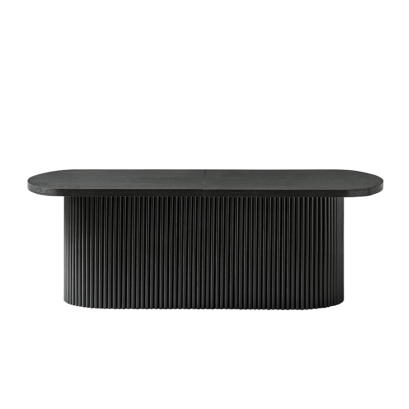 Table basse ovale avec plateau relevable, rangement caché et détails en bois à lattes | Noyer / Noir | Unique