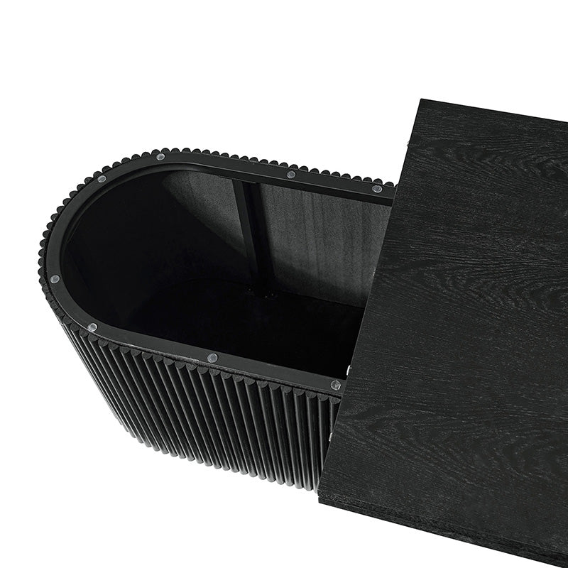 Table basse ovale avec plateau relevable, rangement caché et détails en bois à lattes | Noyer / Noir | Unique
