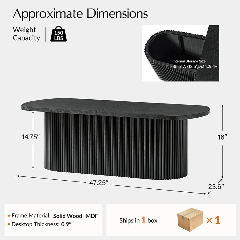 Table basse ovale avec plateau relevable, rangement caché et détails en bois à lattes | Noyer / Noir | Unique