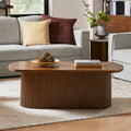 Table basse ovale avec plateau relevable, rangement caché et détails en bois à lattes | Noyer / Noir | Unique