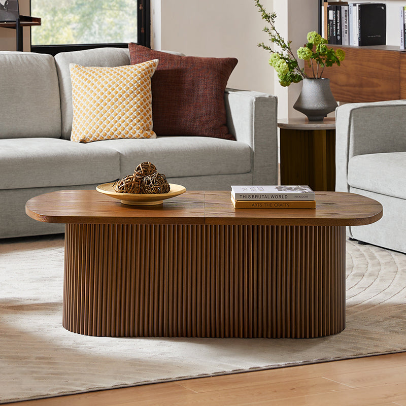 Table basse ovale avec plateau relevable, rangement caché et détails en bois à lattes | Noyer / Noir | Unique
