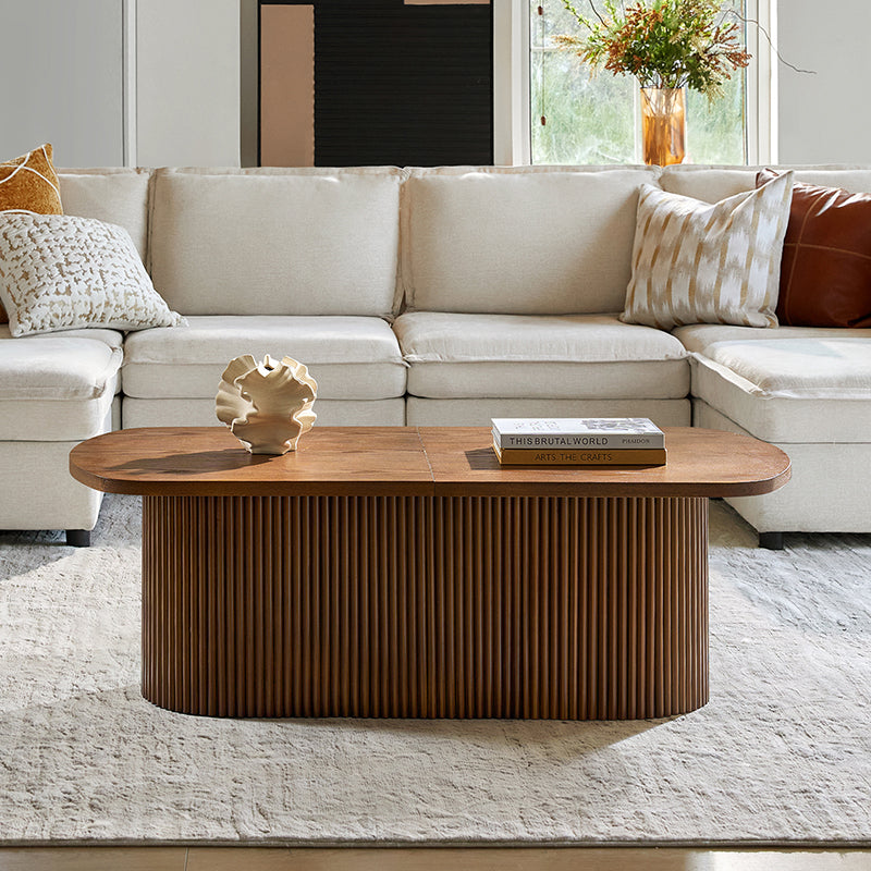 Table basse ovale avec plateau relevable, rangement caché et détails en bois à lattes | Noyer / Noir | Unique