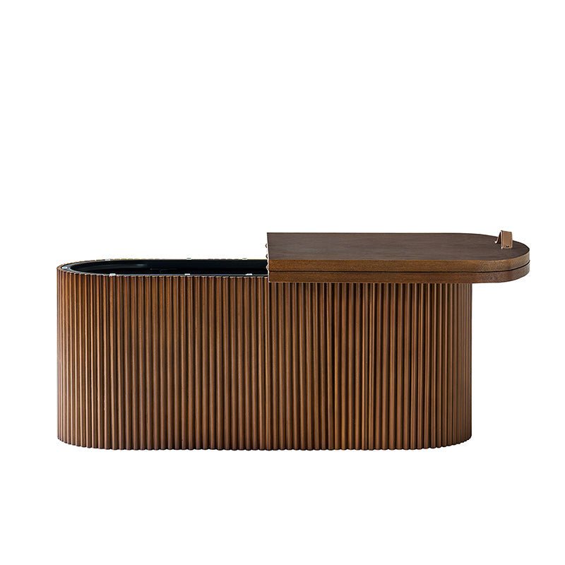 Table basse ovale avec plateau relevable, rangement caché et détails en bois à lattes | Noyer / Noir | Unique