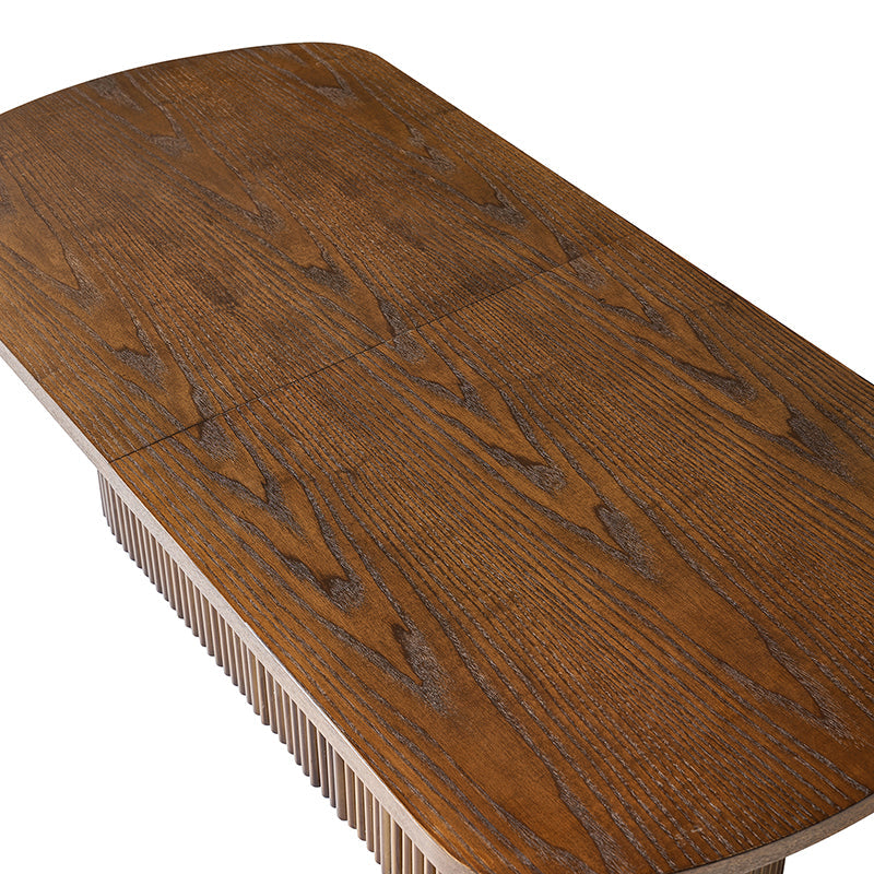 Table basse ovale avec plateau relevable, rangement caché et détails en bois à lattes | Noyer / Noir | Unique