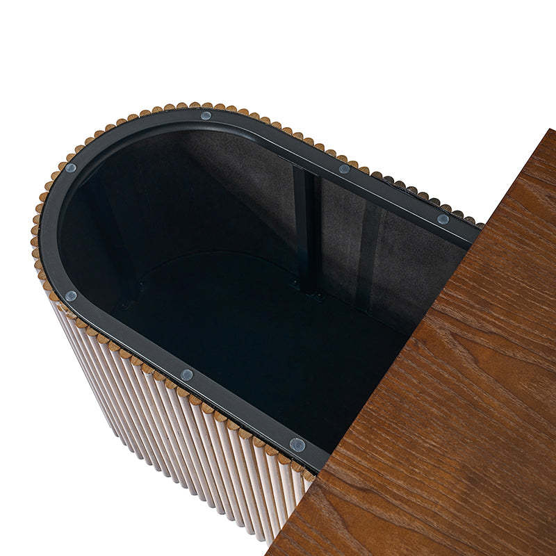 Table basse ovale avec plateau relevable, rangement caché et détails en bois à lattes | Noyer / Noir | Unique