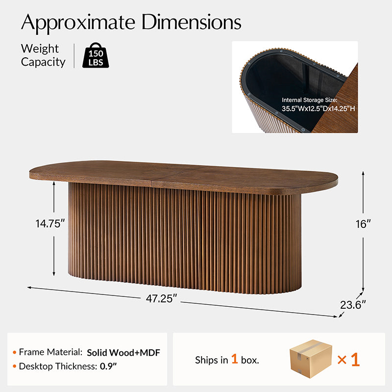 Table basse ovale avec plateau relevable, rangement caché et détails en bois à lattes | Noyer / Noir | Unique