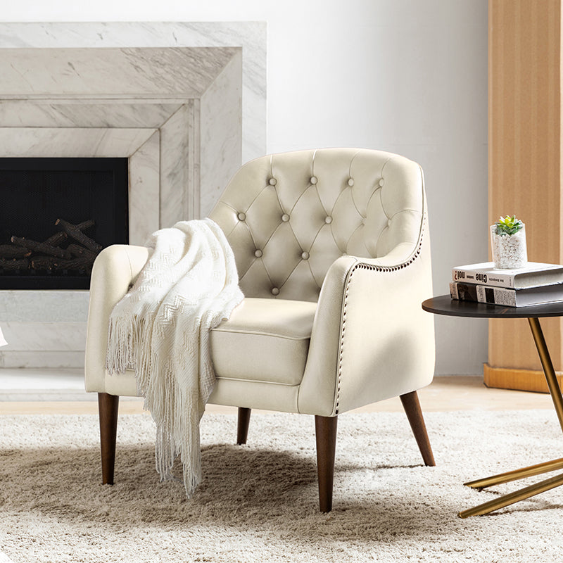 Fauteuil crapaud capitonné en cuir véritable avec pieds en hévéa et accoudoirs encastrés | Noir / Bleu marine / Camel / Beige | Une place
