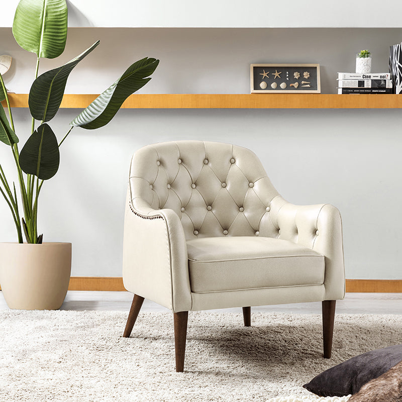 Fauteuil crapaud capitonné en cuir véritable avec pieds en hévéa et accoudoirs encastrés | Noir / Bleu marine / Camel / Beige | Une place