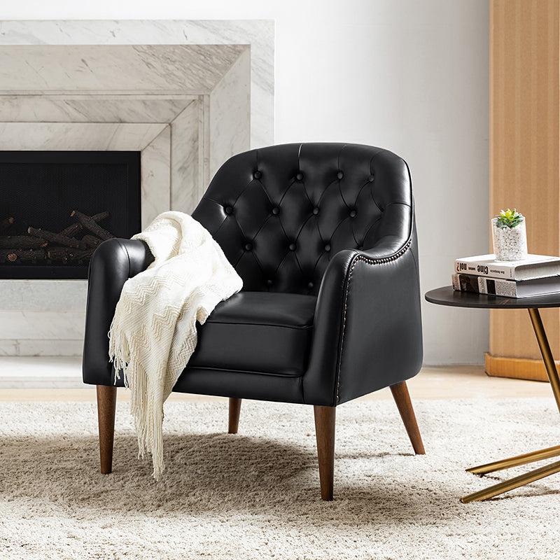 Fauteuil crapaud capitonné en cuir véritable avec pieds en hévéa et accoudoirs encastrés | Noir / Bleu marine / Camel / Beige | Une place