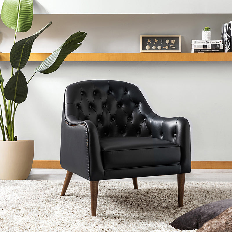 Fauteuil crapaud capitonné en cuir véritable avec pieds en hévéa et accoudoirs encastrés | Noir / Bleu marine / Camel / Beige | Une place
