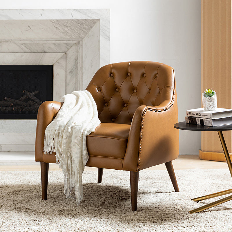 Fauteuil crapaud capitonné en cuir véritable avec pieds en hévéa et accoudoirs encastrés | Noir / Bleu marine / Camel / Beige | Une place