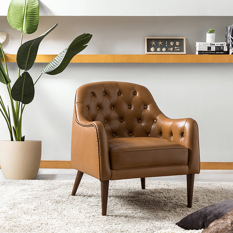 Fauteuil crapaud capitonné en cuir véritable avec pieds en hévéa et accoudoirs encastrés | Noir / Bleu marine / Camel / Beige | Une place