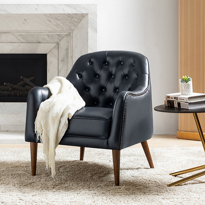 Fauteuil crapaud capitonné en cuir véritable avec pieds en hévéa et accoudoirs encastrés | Noir / Bleu marine / Camel / Beige | Une place