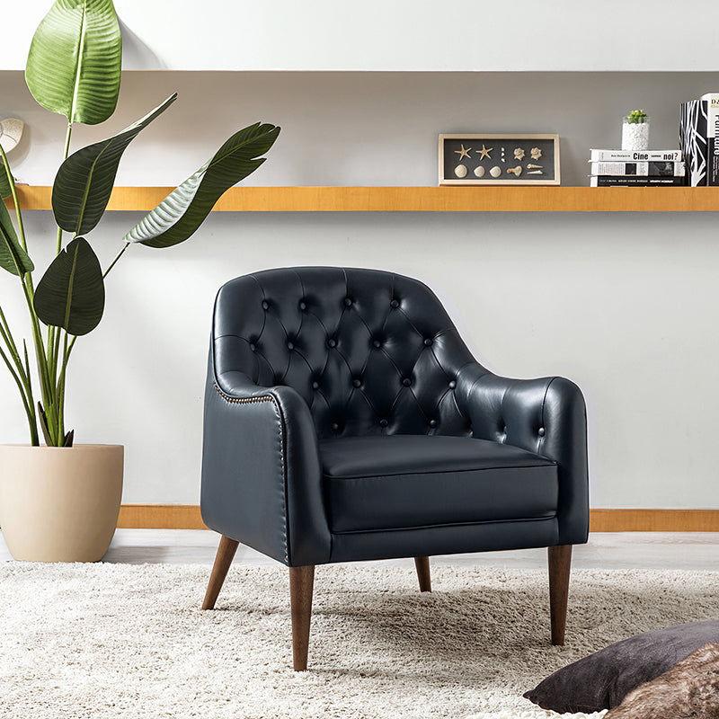 Fauteuil crapaud capitonné en cuir véritable avec pieds en hévéa et accoudoirs encastrés | Noir / Bleu marine / Camel / Beige | Une place