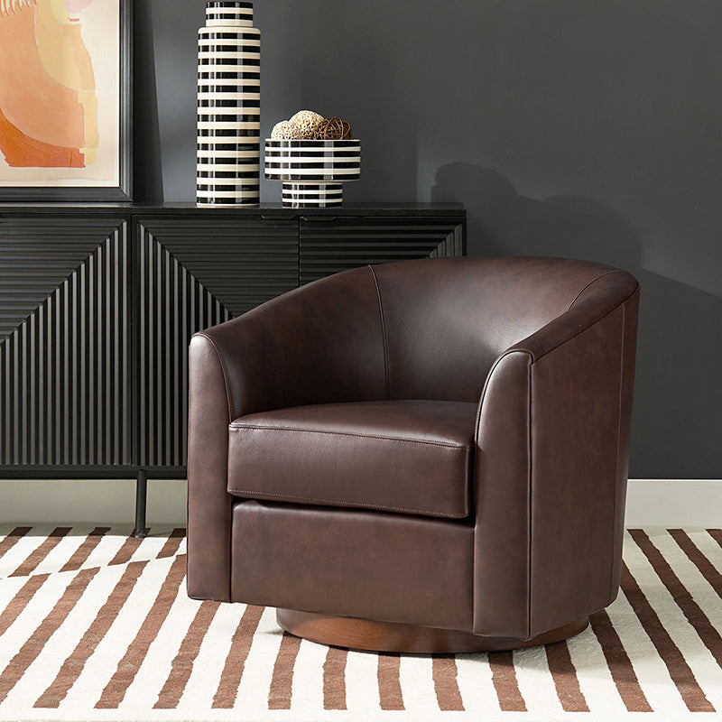 Fauteuil pivotant en cuir véritable avec accoudoirs encastrés et base en bois massif | Marron / Sauge / Camel | Monoplace