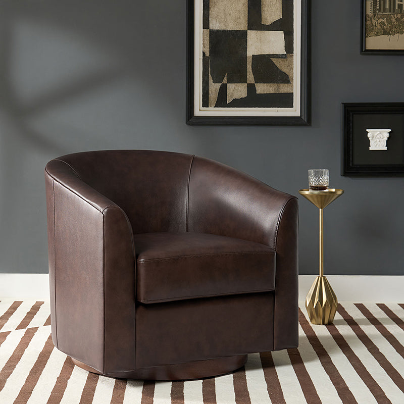 Fauteuil pivotant en cuir véritable avec accoudoirs encastrés et base en bois massif | Marron / Sauge / Camel | Monoplace