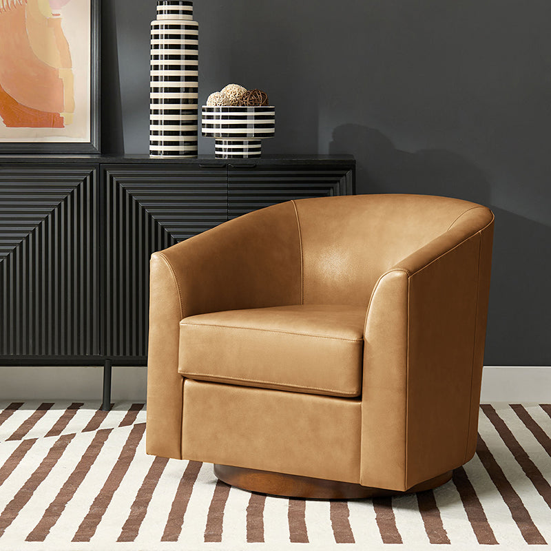 Fauteuil pivotant en cuir véritable avec accoudoirs encastrés et base en bois massif | Marron / Sauge / Camel | Monoplace