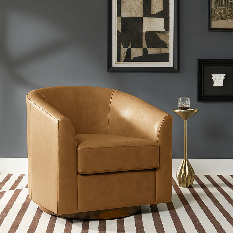 Fauteuil pivotant en cuir véritable avec accoudoirs encastrés et base en bois massif | Marron / Sauge / Camel | Monoplace