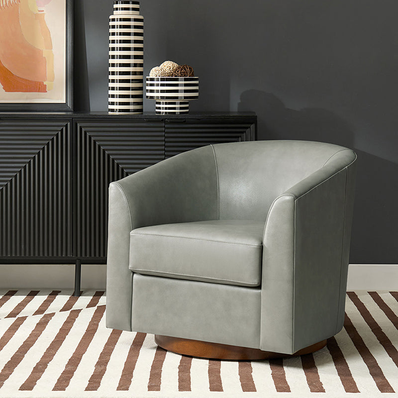 Fauteuil pivotant en cuir véritable avec accoudoirs encastrés et base en bois massif | Marron / Sauge / Camel | Monoplace