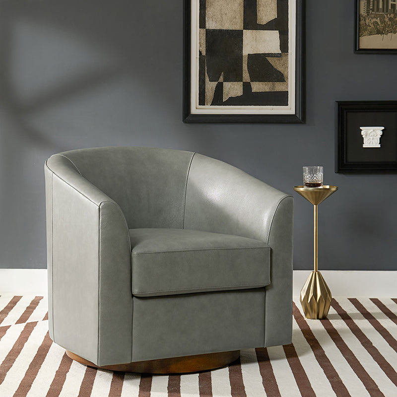 Fauteuil pivotant en cuir véritable avec accoudoirs encastrés et base en bois massif | Marron / Sauge / Camel | Monoplace