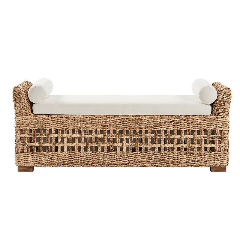 Banc de rangement à abattant en jacinthe d'eau avec détails sculptés, accoudoirs cylindriques et pieds en bois d'acacia | Naturel | Simple