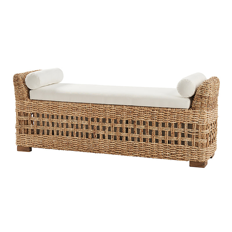 Banc de rangement à abattant en jacinthe d'eau avec détails sculptés, accoudoirs cylindriques et pieds en bois d'acacia | Naturel | Simple